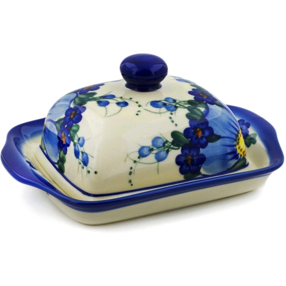 Polmedia Polish Pottery Butter Dish UNIKAT - Himalayan Blue Poppy Pattern Handmade in Boleslawiec Poland by Ceramika Bona + Certificate of Authenticity