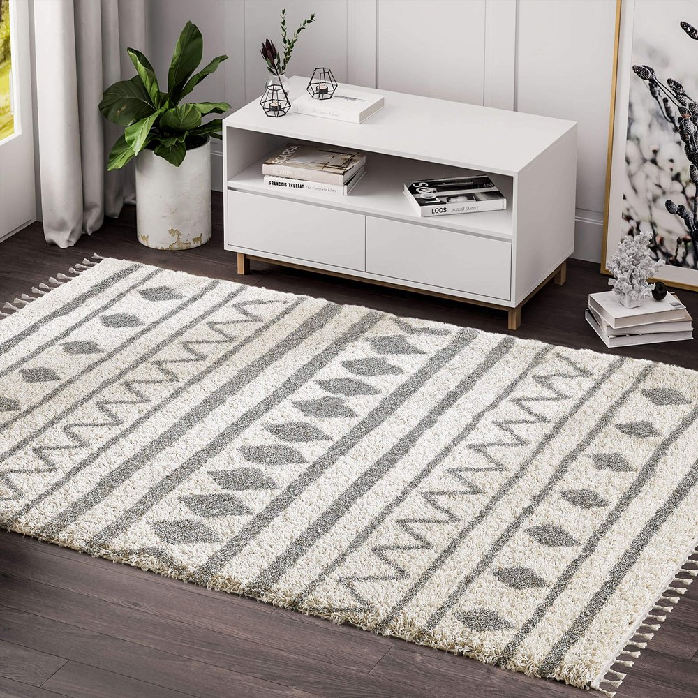 Abani Moroccan Nomadic Tribal Style 6' x 9' Area Rug Willow Collection Rugs - Ivory & Grey Classic Pattern Accent Rug
