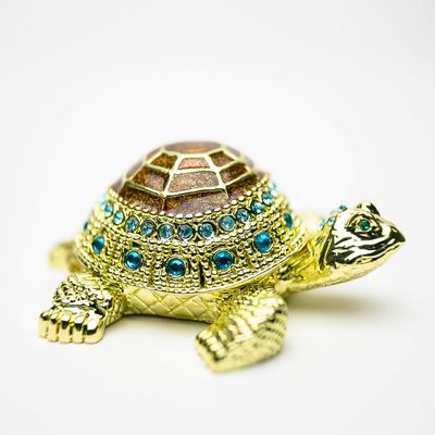 Gold Turtle Trinket Box Decorated with Crystals Jewelry Storage Stash Handpainted Animal Figure Gift Idea for Home Decoration