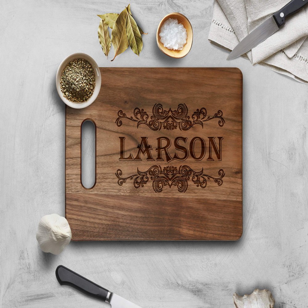 Krezy Case Family name Personalized Wooden Cutting Board -Fancy Custom Walnut Chopping Board - Christmas, Housewarming,Wedding Gift