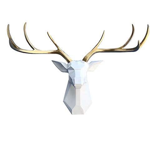 Deer Head Wall Decor - Faux Taxidermy Animal Head Wall Art - Geometry Deer Head Home Decor,8 Point Buck Deer Head Bust Wall Hanging (White head gold antlers, 27.5''Wx20''H)