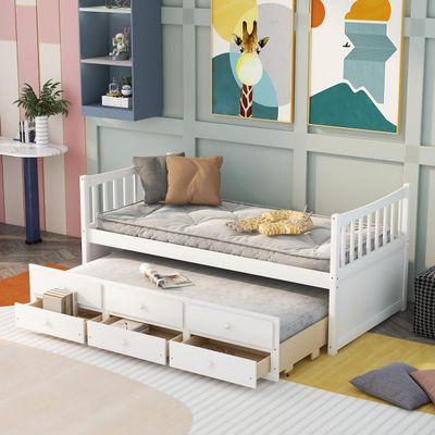Harper & Bright Designs Twin Size Daybed with Drawers, Wooden Captain Bed with Trundle for Kids Teens, White