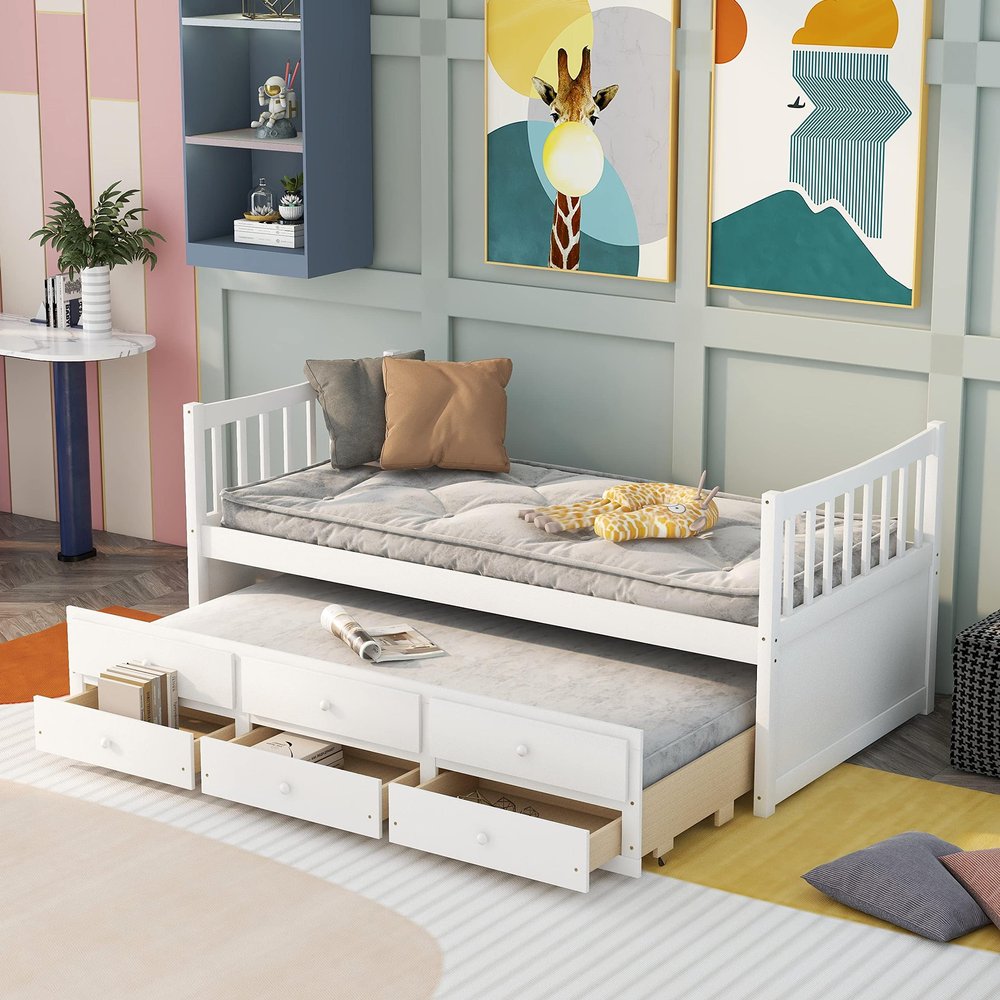 Harper & Bright Designs Twin Size Daybed with Drawers, Wooden Captain Bed with Trundle for Kids Teens, White