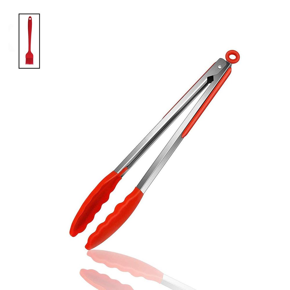 16 Inch Silicone Kitchen Food Tongs, Premium Stainless Steel Silicone Non-Stick Grilling Barbeque Cooking Locking Food Tongs