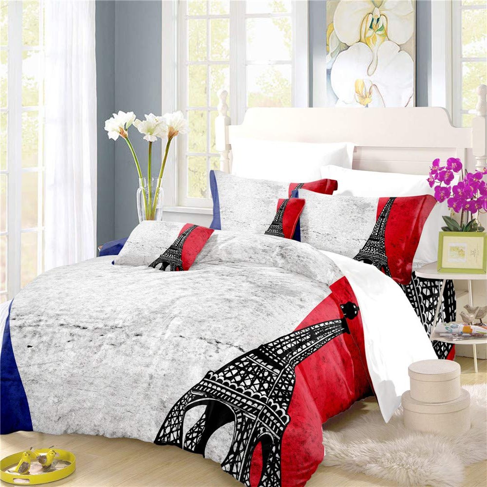 REALIN French Tricolor Duvet Cover Set Tricolor Paris Bedding Blue White Red Bed Sets 2/3/4PCS Colorful Quilt Covers/Sheets/Pillow Shams,Twin/Full/Queen/King (E,Queen-228x228cm-3PCS)