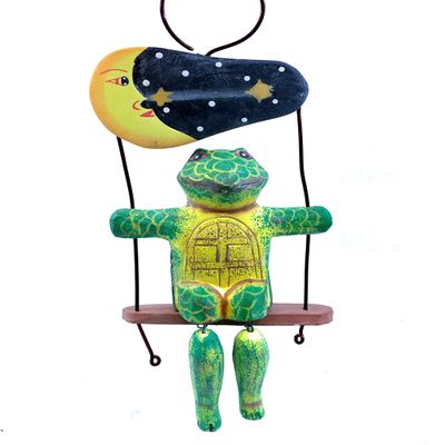 Turtle Ornament Hand Carved Wood Turtle on Swing Under The Moon Balinese Folk Art Christmas Tree Decoration Hand Painted Tropical Ornament Handmade Holiday Dcor