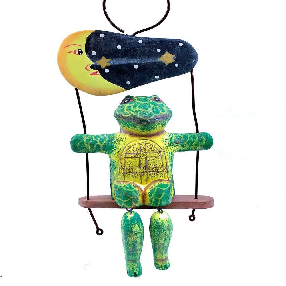 Turtle Ornament Hand Carved Wood Turtle on Swing Under The Moon Balinese Folk Art Christmas Tree Decoration Hand Painted Tropical Ornament Handmade Holiday Dcor