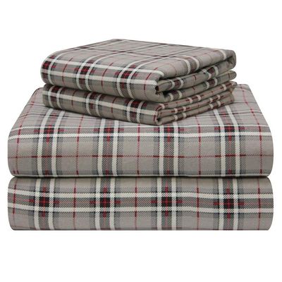 4 Piece All Season Red Grey Cotton Flannel Sheets, Beautiful Checkered Plaid Pattern Warmth Soft Farmhouse Bedding Sets, Sophisticated Printed Velvety Feel Fitted Deep Pocket Luxury Sheets King Size
