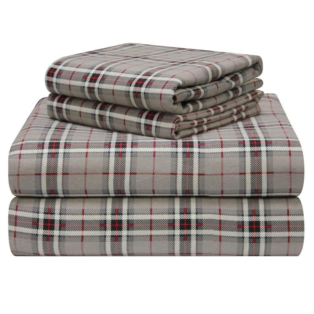 4 Piece All Season Red Grey Cotton Flannel Sheets, Beautiful Checkered Plaid Pattern Warmth Soft Farmhouse Bedding Sets, Sophisticated Printed Velvety Feel Fitted Deep Pocket Luxury Sheets King Size