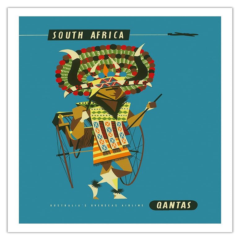 South Africa - African Native Costumed Dancer - Qantas Empire Airways (QEA) - Vintage Airline Travel Poster by Harry Rogers c.1960s - Fine Art Matte Paper Print (Unframed) 20x26in