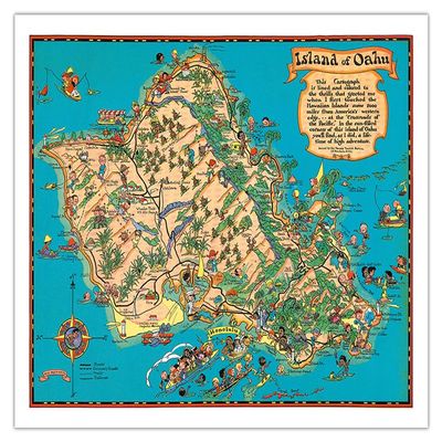 Hawaii USA - Island of Oahu Map - Vintage Hawaiian Colored Cartographic Map by Ruth Taylor White c.1941 - Bamboo Fine Art 290gsm Paper (Unframed) 12x16in