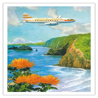 Over Pololu Valley Big Island Hawaii - Hawaiian Airlines (Convair 340 Aircraft) - Vintage Hawaiian Color Postcard by Lloyd Sexton c.1952 - Bamboo Fine Art 290gsm Paper (Unframed) 12x16in