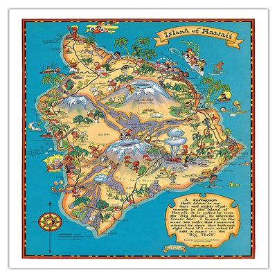 Hawaiian Island of Hawaii (Big Island) Map - Hawaii Tourist Bureau - Vintage Hawaiian Colored Cartographic Map by Ruth Taylor White c.1941 - Bamboo Fine Art 290gsm Paper (Unframed) 12x16in