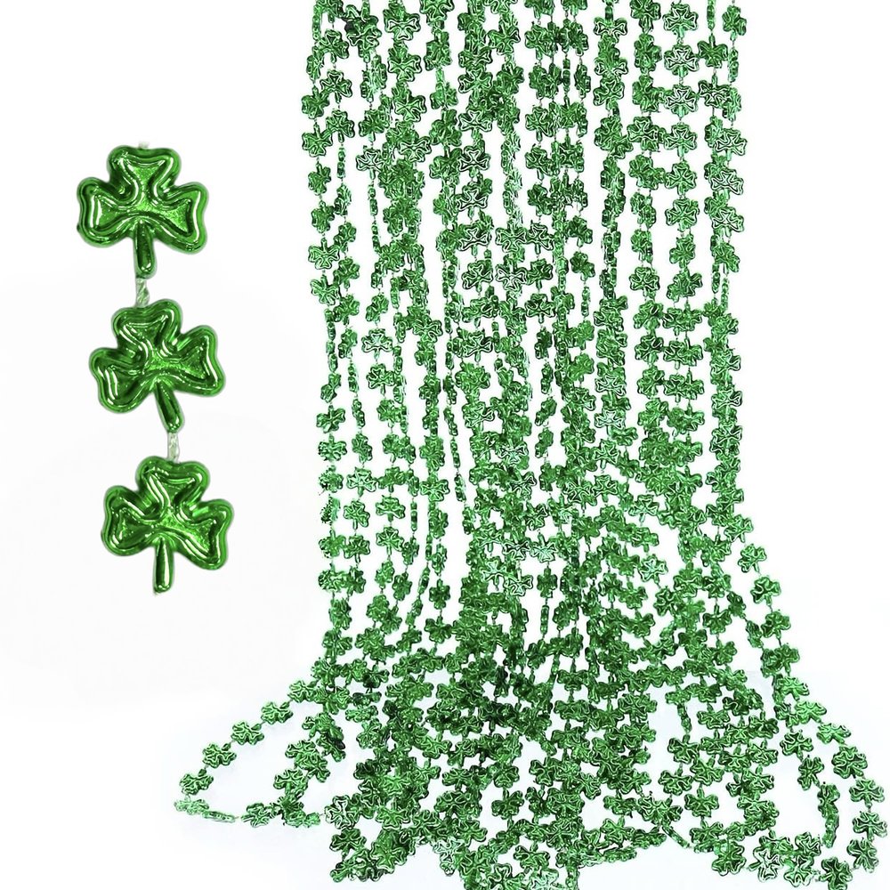 GiftExpress 12-Pack 33'' St. Patricks Day Shamrock Beads Green Metallic Clover Mardi Gras Party Necklaces, Festive Beaded Jewelry for Costumes & Celebrations