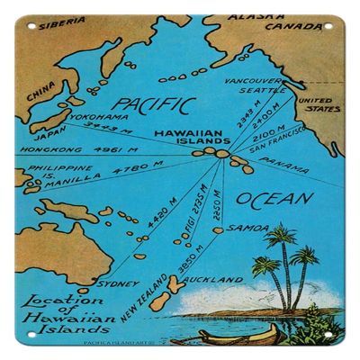 Location of the Hawaiian Islands Map - Island Curio Co. of Honolulu Postcard - Vintage Hawaiian Color Postcard c.1920s - 8 x 12 inch Vintage Metal Tin Sign