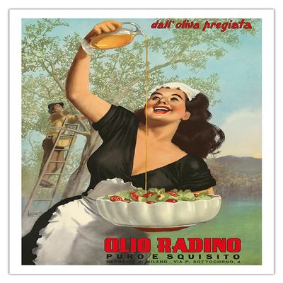 Olio Radino Italian Olive Oil - Puro e Squisito (Pure and Delicious) - Vintage Advertising Poster by Gino Boccasile c.1948 - Bamboo Fine Art 290gsm Paper (Unframed) 12x16in