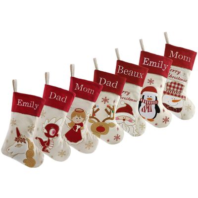 DearSun Set of 7, 18" Personalized Christmas Stockings with Exquisite Embroidery Name, Santa,Snowman,Deer,Penguin, Angel,Unicorn,Dino Characters, Quality Linen Stockings for Decor