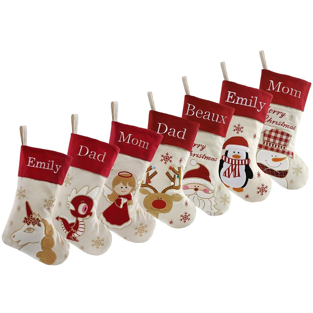 DearSun Set of 7, 18" Personalized Christmas Stockings with Exquisite Embroidery Name, Santa,Snowman,Deer,Penguin, Angel,Unicorn,Dino Characters, Quality Linen Stockings for Decor