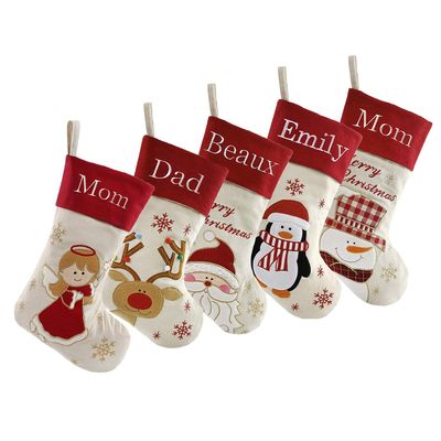 DearSun Set of 5, 18" Personalized Christmas Stockings with Exquisite Embroidery Names,Santa,Snowman, Deer, Penguin,Angel Characters, Quality Linen Stockings for Family Decor