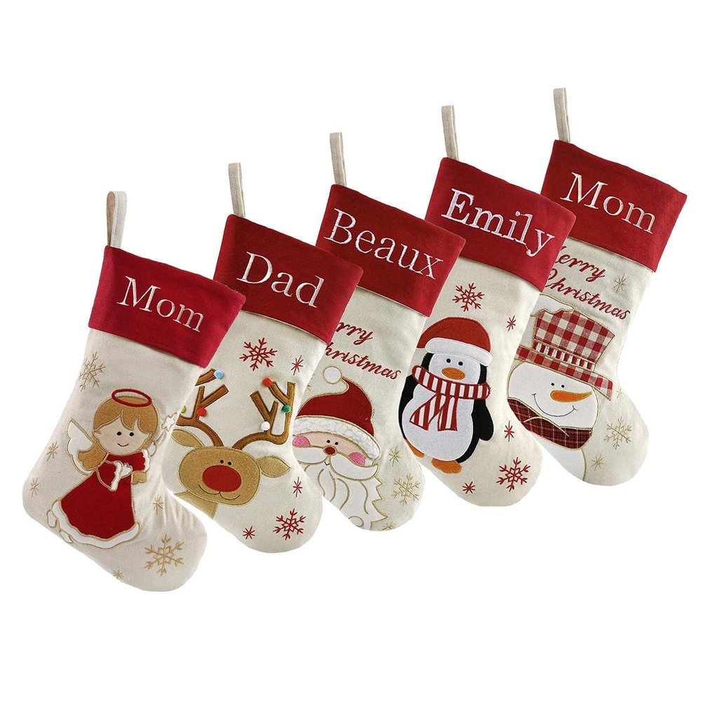 DearSun Set of 5, 18" Personalized Christmas Stockings with Exquisite Embroidery Names,Santa,Snowman, Deer, Penguin,Angel Characters, Quality Linen Stockings for Family Decor