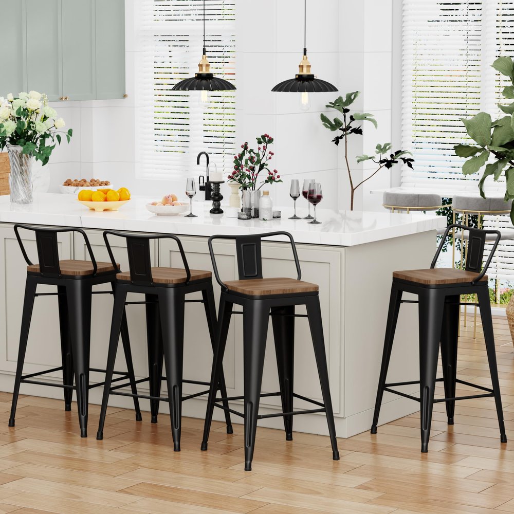 Alunaune 24" Metal Barstools Set of 4, Matte Black Counter Height Bar Stools, Industrial Counter Bar Chairs with Wood Top Low Back