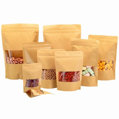 Kraft Heat Sealable Stand Up food Pouches Paper Mylar Bags With Window And Zipper,Heavy Duty Decorative Resealable Recycled For DIY Homemade Chips Favor Candy Cookies Christmas (50pcs 7x10+4inch)