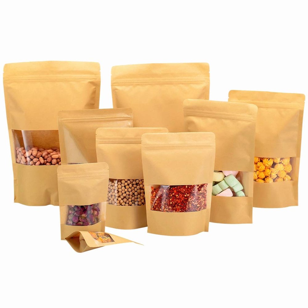 Kraft Heat Sealable Stand Up food Pouches Paper Mylar Bags With Window And Zipper,Heavy Duty Decorative Resealable Recycled For DIY Homemade Chips Favor Candy Cookies Christmas (50pcs 7x10+4inch)