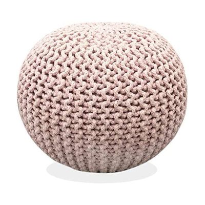 FRELISH DECOR Round Pouf Ottoman Hand Knitted 100% Cotton Pouf Foot Stool - Knitted Bean Bag - Floor Chair for Living Room Bedroom - Foot Rest for Couch (20 Diameter x 14 Height) - Cloud Pink