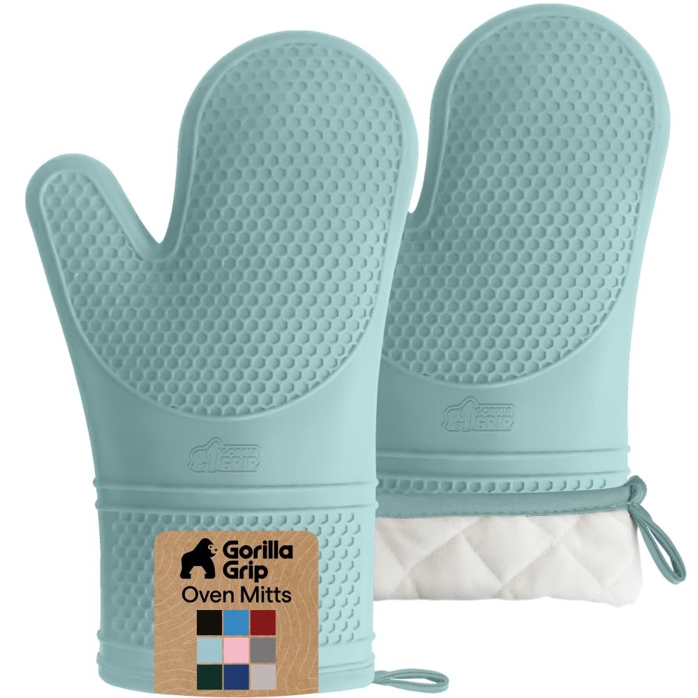 GORILLA GRIP BPA-Free Soft Silicone Oven Mitts, 550F Heat Resistant Waterproof Cooking Safety Gloves, Thick Cotton Lining, Flexible Gripping for BBQ Grilling, Kitchen Potholders Set, 12.5x8.3, Mint
