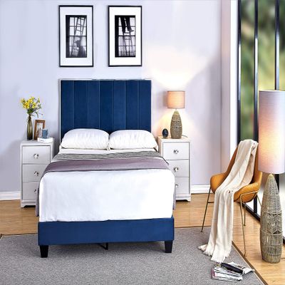Container Furniture Direct Ronona Mid Century Modern Upholstered Platform Bed, Queen Size, 83.25", Space Blue