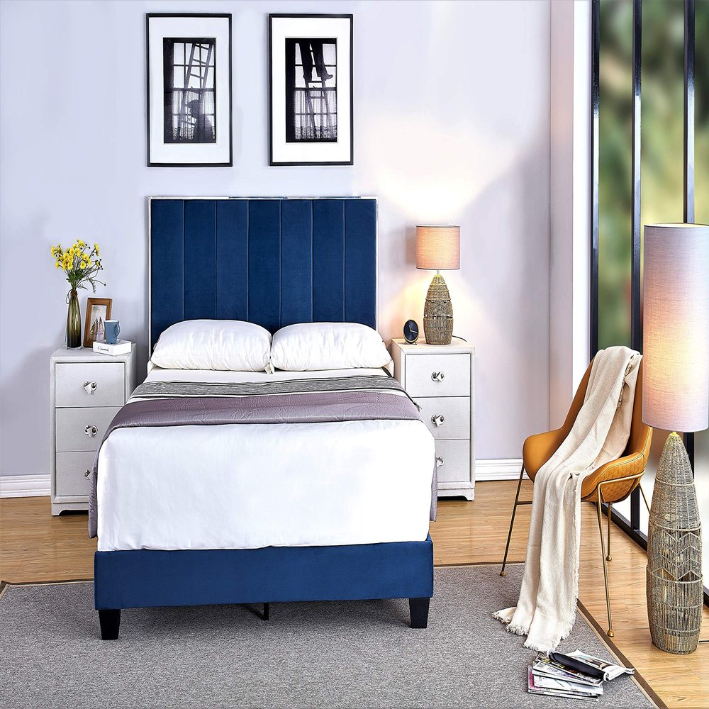 Container Furniture Direct Ronona Mid Century Modern Upholstered Platform Bed, Queen Size, 83.25", Space Blue