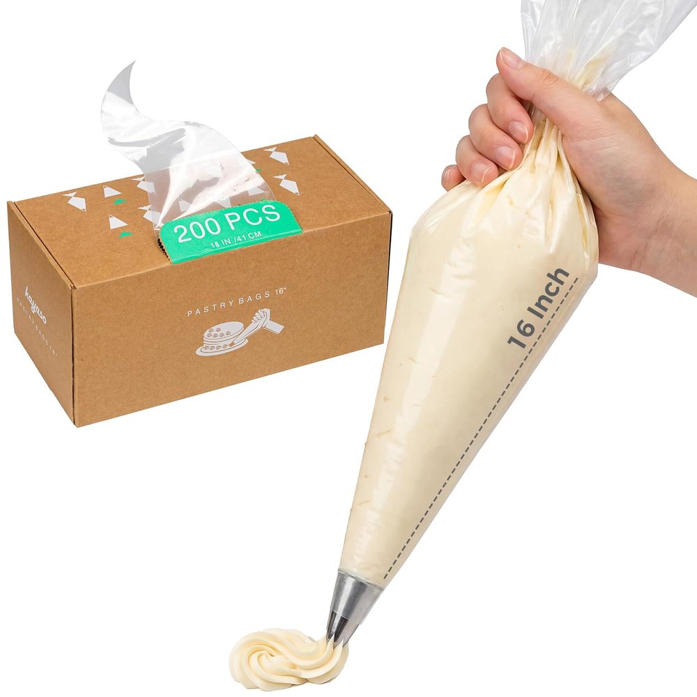 Kayaso 16-Inch Heavy-Duty Disposable Piping Bags, 200 Pack Extra Thick Smooth Pastry Bags with Easy-Pull Dispenser Box for Cake Decorating, Buttercream Frosting, Cookie Icing & Baking Supplies