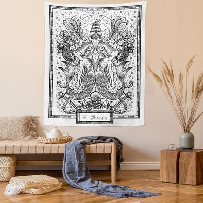 Ambesonne Pisces Tapestry, Abstract Jumble Design with Mermaids and Splashing Water Monochrome Sketch, Wall Hanging for Bedroom Living Room Dorm Decor, 60" X 80", Charcoal Grey White