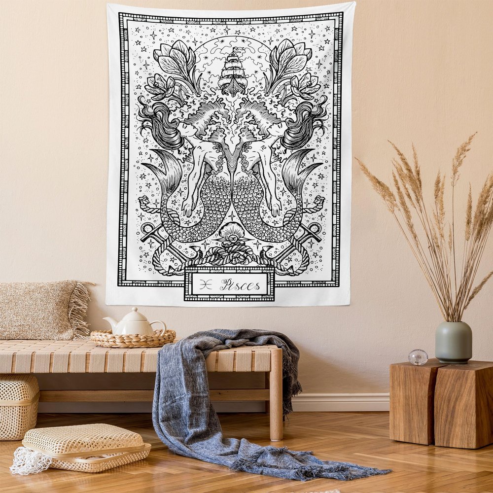 Ambesonne Pisces Tapestry, Abstract Jumble Design with Mermaids and Splashing Water Monochrome Sketch, Wall Hanging for Bedroom Living Room Dorm Decor, 60" X 80", Charcoal Grey White