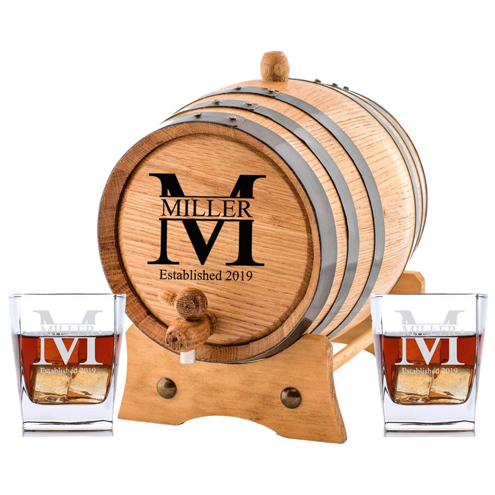 Personalized Oak Aging Barrel & Whiskey Glasses | Miller Design (5 Liters)