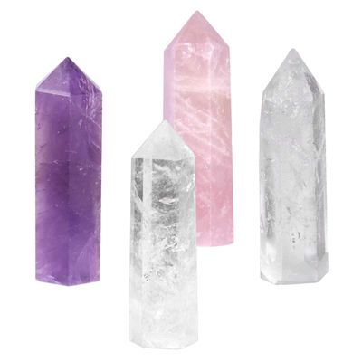 SUNYIK Gemstone Healing Crystal Points Wand, Single Terminated Wand Prism for Meditation, Rose Quartz Amethyst Rock Quartz, Pack of 4
