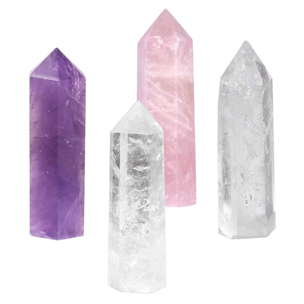 SUNYIK Gemstone Healing Crystal Points Wand, Single Terminated Wand Prism for Meditation, Rose Quartz Amethyst Rock Quartz, Pack of 4