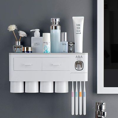 A&A Essentialz Toothbrush Holder Wall Mounted with Toothpaste Dispenser and Magnetic Cup and Storage. Bathroom Accessory Stick on Wall no Drill (4 Cup)