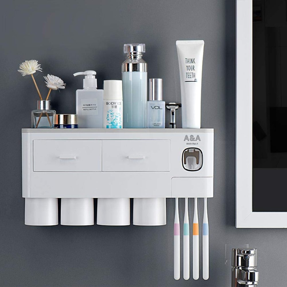 A&A Essentialz Toothbrush Holder Wall Mounted with Toothpaste Dispenser and Magnetic Cup and Storage. Bathroom Accessory Stick on Wall no Drill (4 Cup)