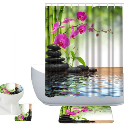 Amagical Spa Zen Garden Bamboo Orchids and Water Decor 16 Piece Bathroom Mat Set Shower Curtain Set Bath Mat Contour Mat Toilet Cover Waterproof Shower Curtain with 12 Hooks