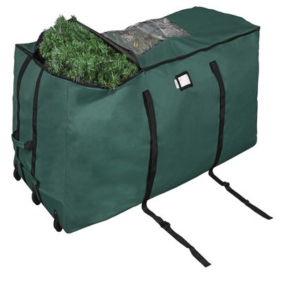 ProPik Rolling Christmas Tree Storage Bag, Fits Up to 9 Foot Tall Disassembled Trees, 25" X 25" X 60", Extra Large Heavy Duty Xmas Container with Wheels, Handles and Straps (Green)