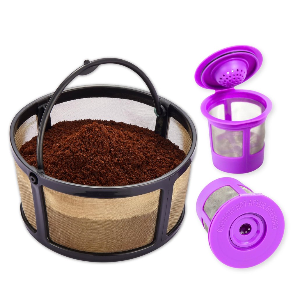 Reusable Mesh Ground Coffee Filter Carafe for Keurig K-Duo Essentials and K Duo Brewers Machine, With 2 Refillable K Cups Pod by PureHQ - Gold Tone Mesh Filter - Value Pack