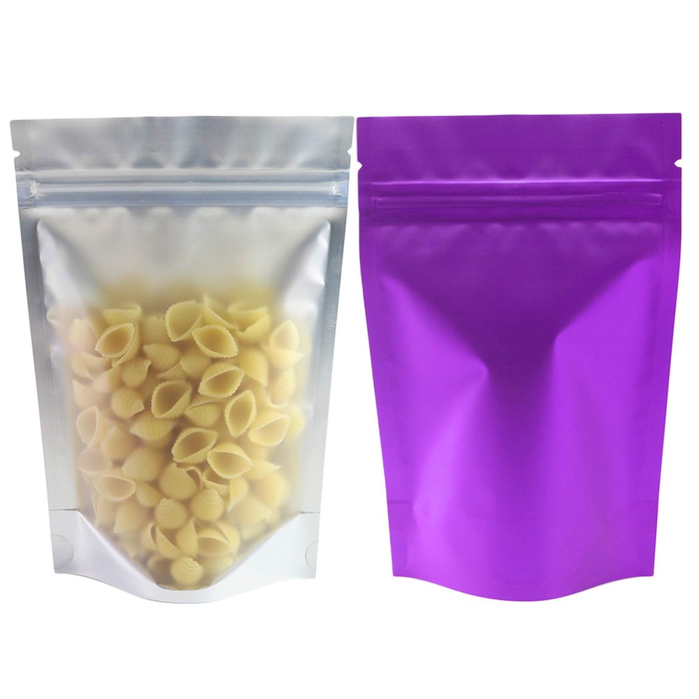 100pcs Frosted Clear Window Stand Up Colored Metallic Foil Resealable Zipper Seal Bags (Purple, Standup | 3.5oz)