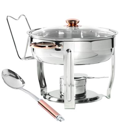 Denmark Tools for Cooks Celebrations Cookware Collection 8 Piece 4-Quart Stainless Steel Round Chafing Dish Set with Glass Lid for Entertaining & Catering