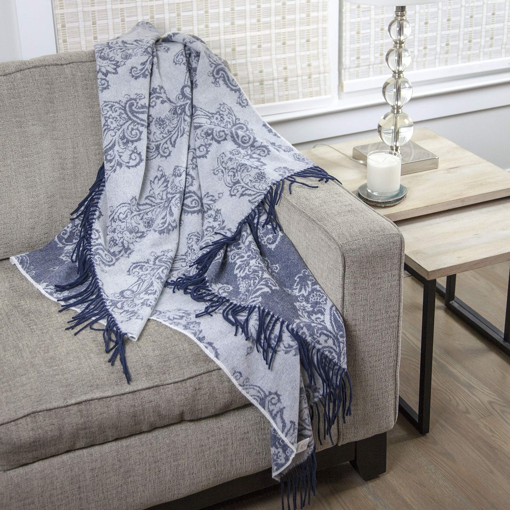 Calyx Interiors Wool Throw Blanket 50 x 60in Lambswool Throw Blanket with Tassels Soft and Warm Thick Wool Throw Throw Blanket for Couch, Bed, Sofa Warm Blanket for Winter (Navy/Gray)