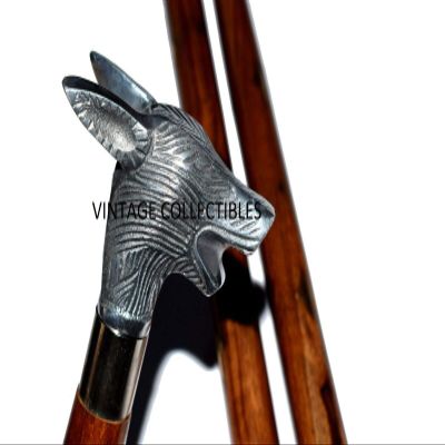 Silver Fox Head Aluminum Handle Nautical Victorian Vintage Wooden Walking Stick Cane Beautiful Cane