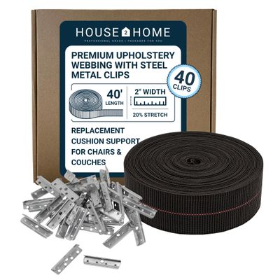 House2Home 2" x 40' Upholstery Webbing Roll with Metal Clips, Elastic Furniture Support Strap for Sofa Chair Cushion Repair, Couch Cushion Support Replacement for Outdoor Furniture Frame Restoration