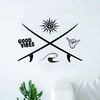 Surf Good Vibes Shaka Sun Waves Quote Wall Decal Sticker Room Bedroom Art Vinyl Decor Teen Inspirational Adventure Sports Ocean Beach Hawaiian Aloha Surfboard Palm Trees Beautiful Shop
