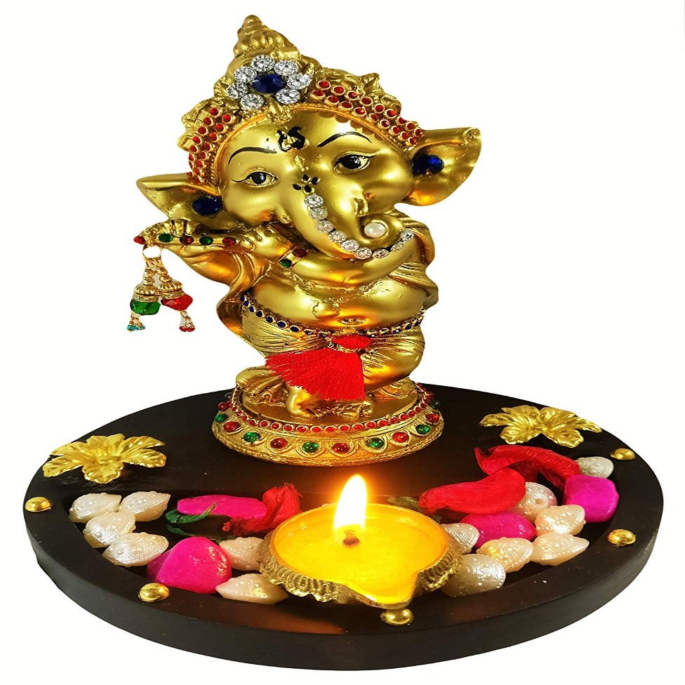 Wgloryind Polyresin Lord Ganesha Idol/Showpiece On Wooden Tray with Brass Diya and Ghee Wicks (15 Cm X 15 Cm X 16.5 Cm, Gold)
