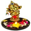 Wgloryind Polyresin Lord Ganesha Idol/Showpiece On Wooden Tray with Brass Diya and Ghee Wicks (15 Cm X 15 Cm X 16.5 Cm, Gold) view 1